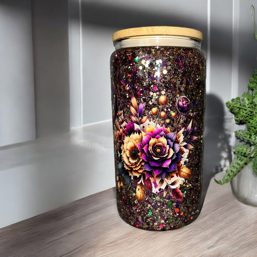 Floral Longhorn Skull-Snowglobe Tumbler