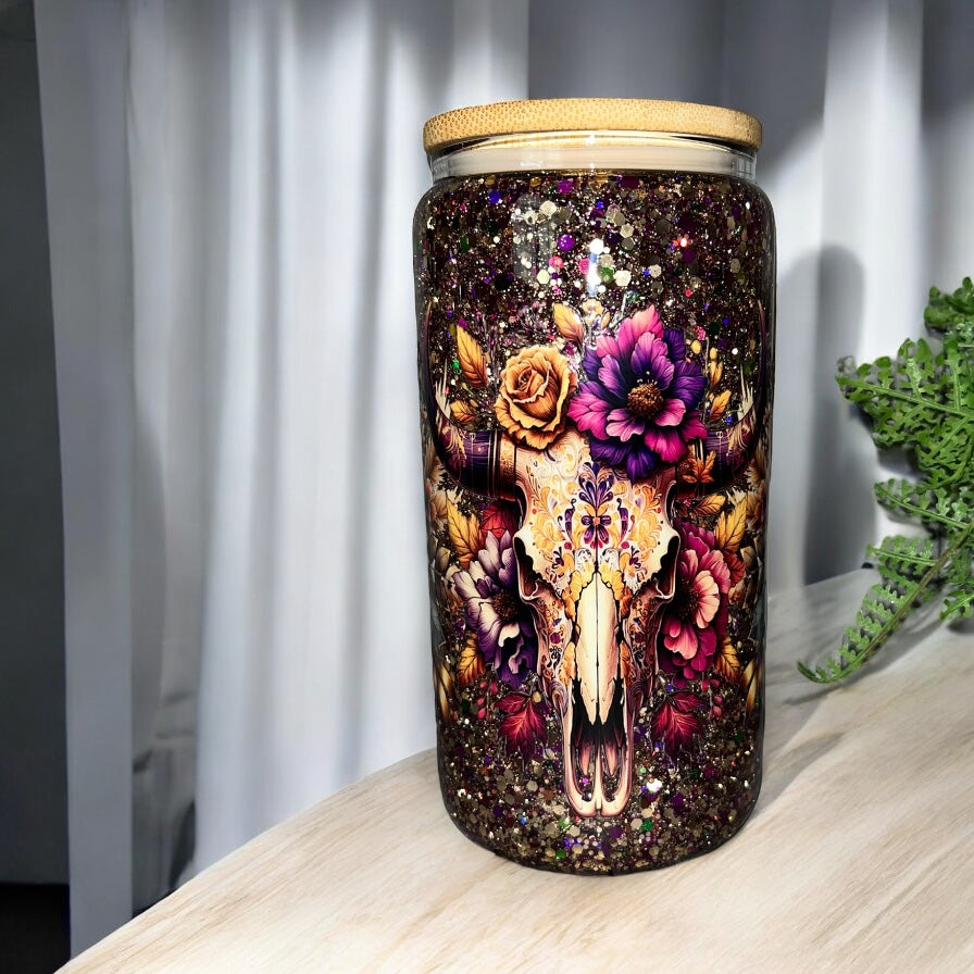Floral Longhorn Skull-Snowglobe Tumbler